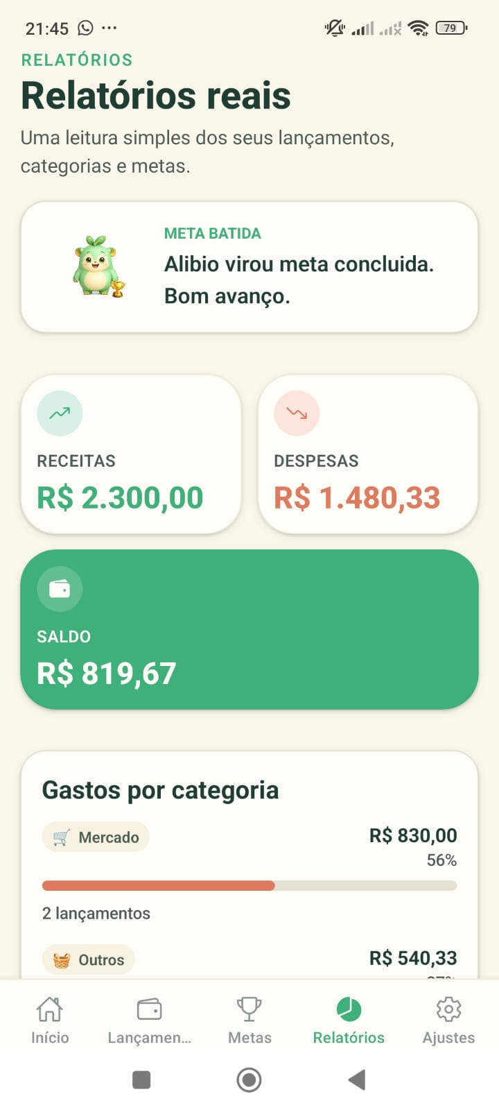 Tela de relatórios do GranaPet